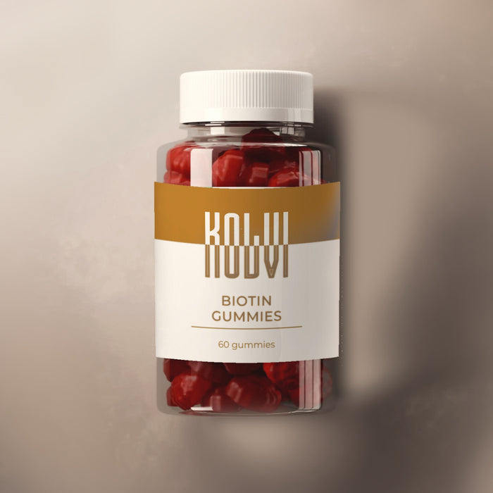 Kolvi Biotin Gummies, clear jar of red gummies with the amber Kolvi label, 60 gummies