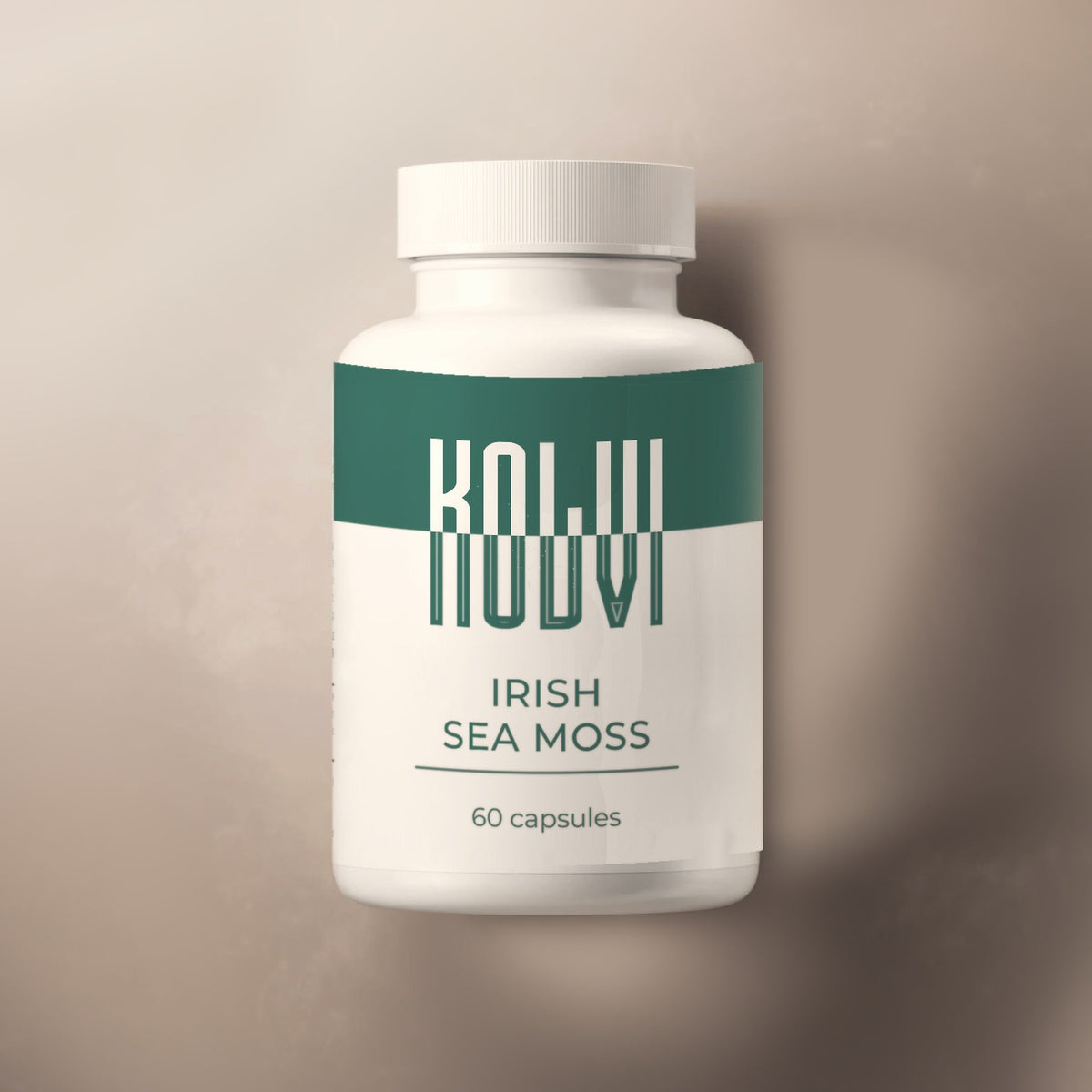 Kolvi Irish Sea Moss Capsules, white bottle with the sea green Kolvi label, 60 capsules