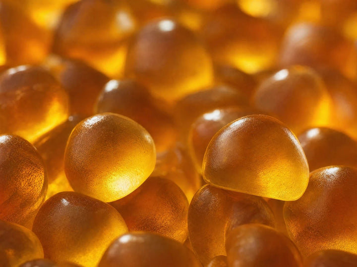 Close-up of Kolvi biotin gummies, translucent amber and backlit