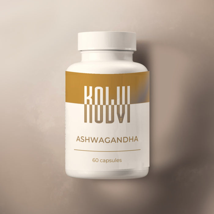 Kolvi Ashwagandha Capsules, white bottle with the ochre Kolvi label, 60 capsules