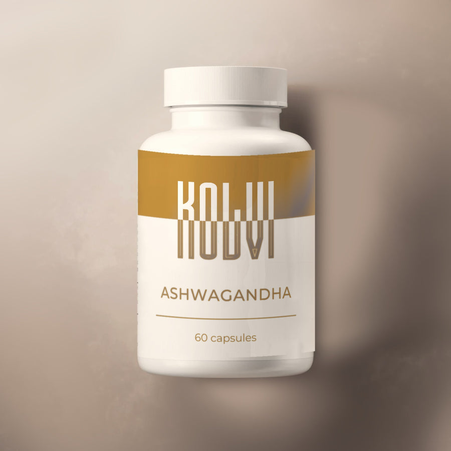 Kolvi Ashwagandha Capsules, white bottle with the ochre Kolvi label, 60 capsules
