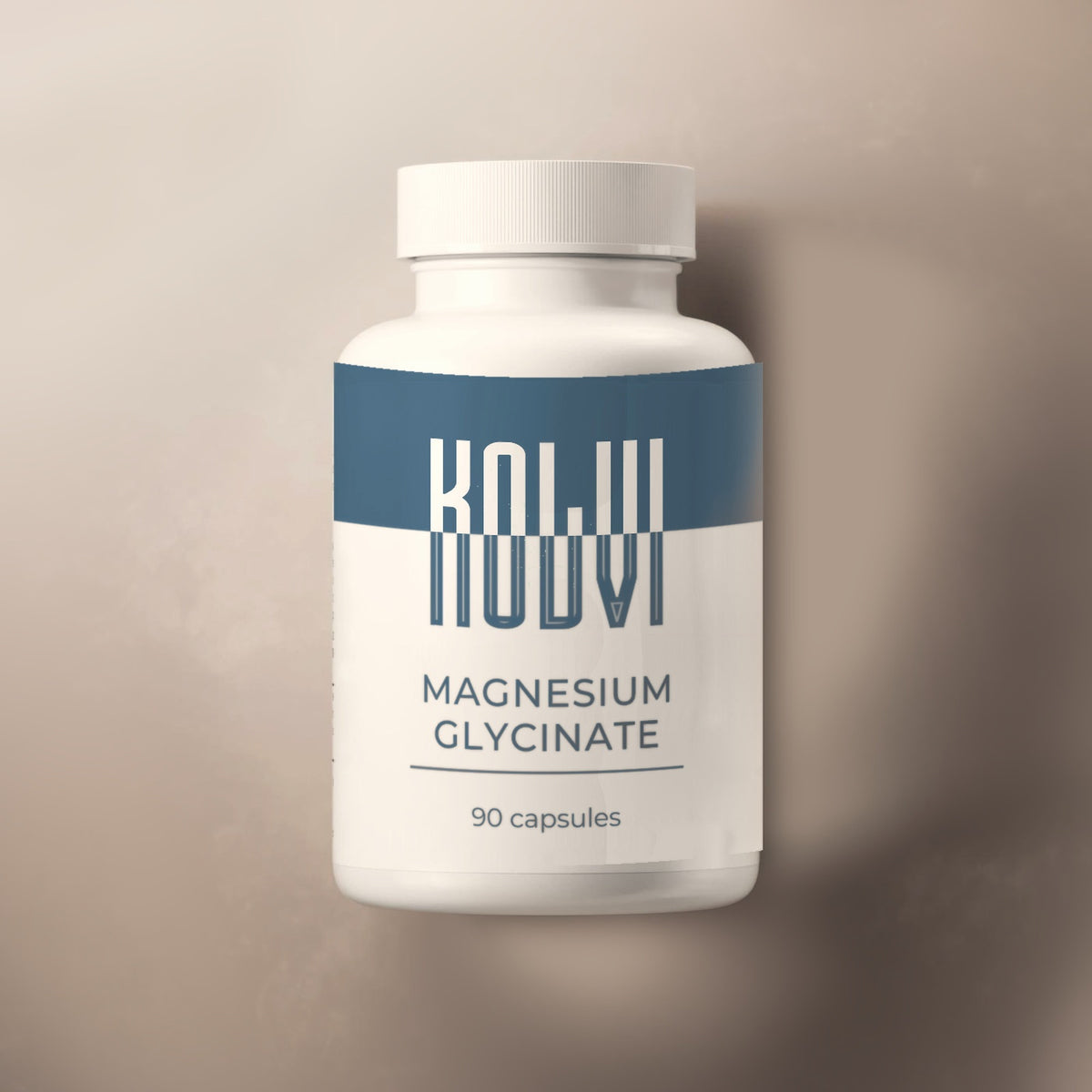 Kolvi Magnesium Glycinate, white bottle with the slate blue Kolvi label, 90 capsules