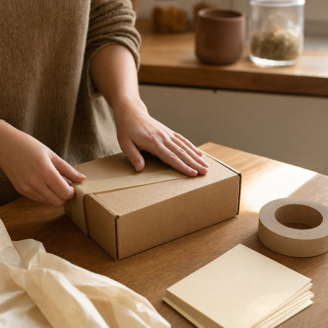 Hands taping a Kolvi parcel closed on a kitchen table in morning light