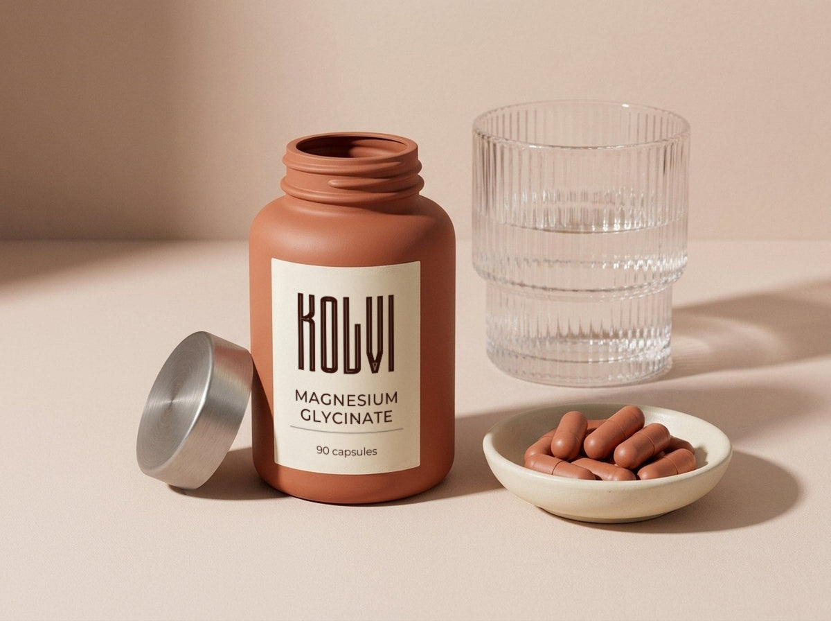 An open Kolvi bottle with capsules in a dish